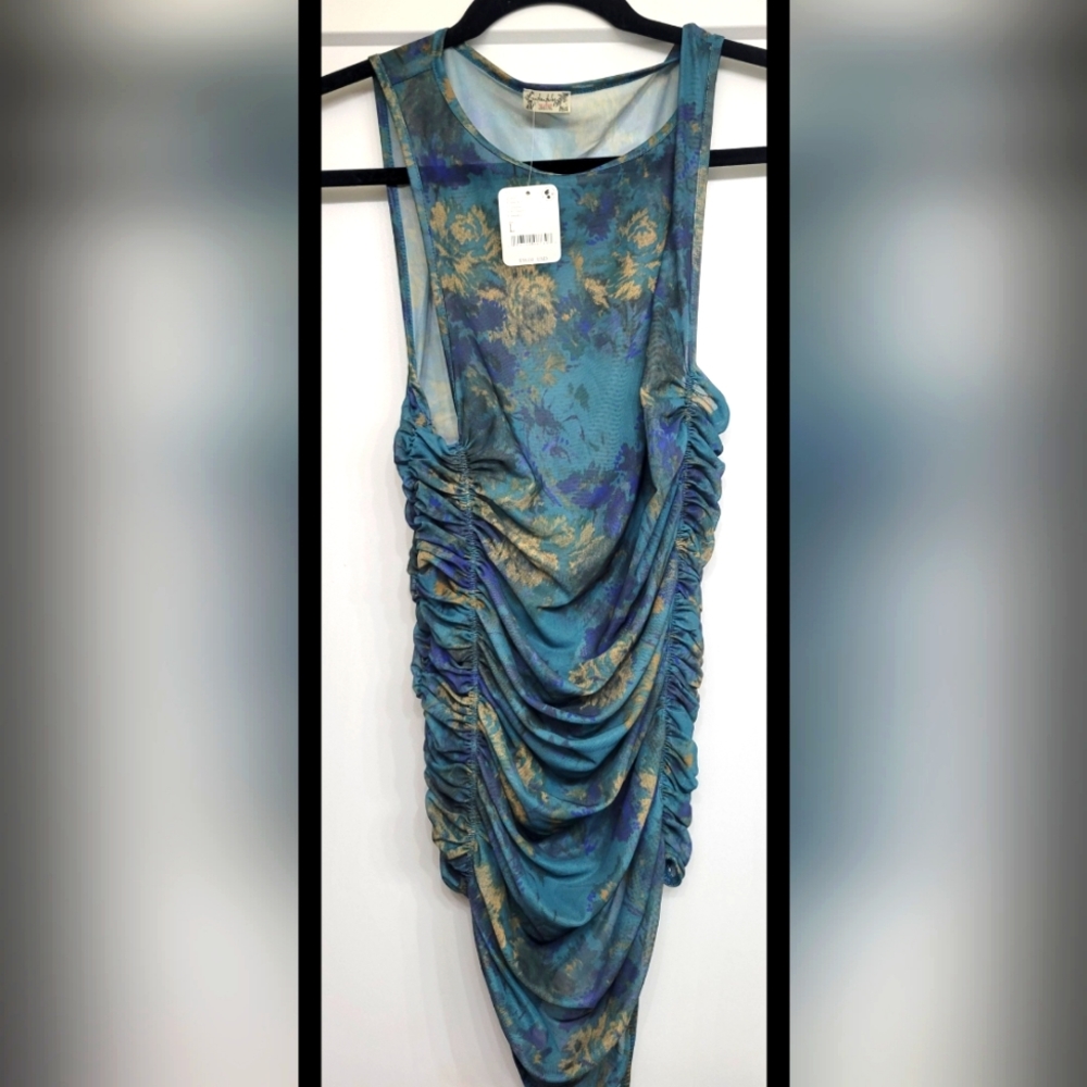 Intimately Free People Ruched Body Suit, Sheer/Mesh, Turquoise, Size Large.